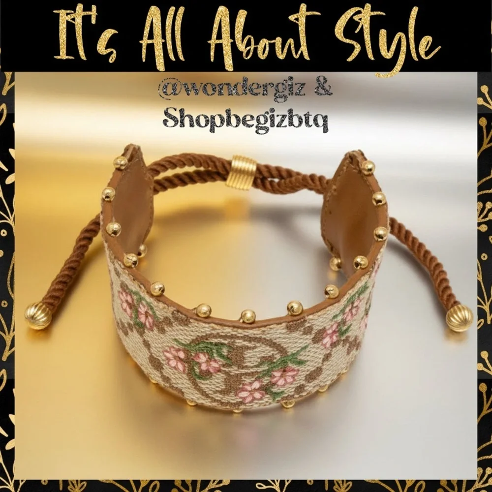 NWT Authentic Tory Burch T-Monogram Logo & Floral Embroidery Slider Bracelet